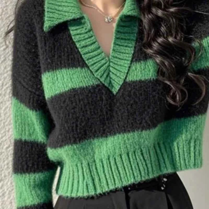 Vintage Green Striped Knitted Long Sleeve Sweater