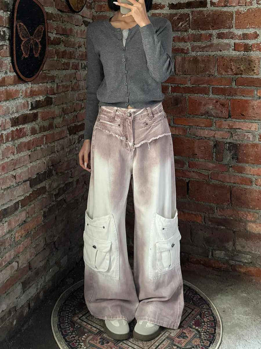 Durable High Waist Raw Edge Wide Leg Cargo Jeans