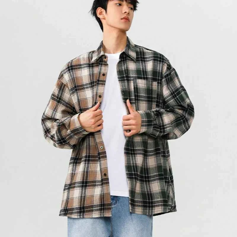 Streetwear Stylish Two Color Plaid Patchwork Cotton Long Shirt