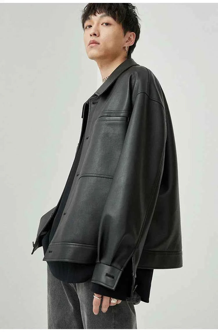 Brown And Black Oversized Faux Leather Jacket