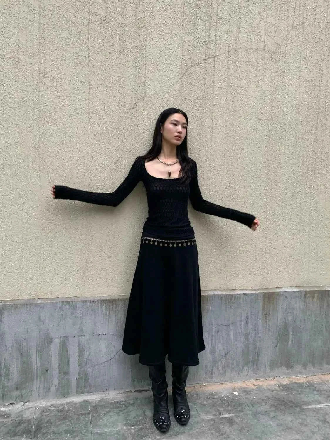 Yedinas Gothic Black Sheer Long T-Shirt