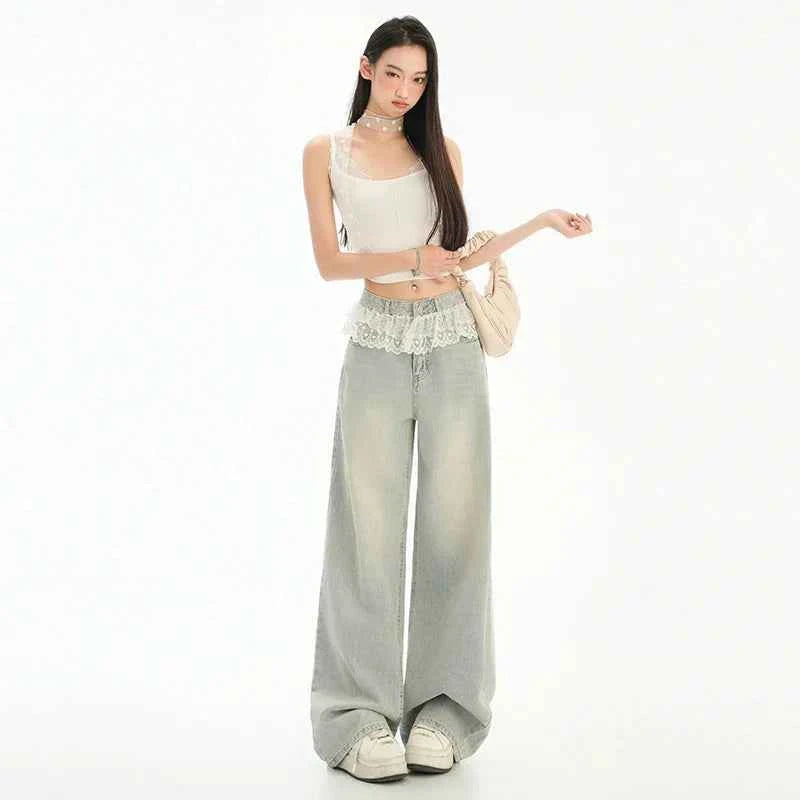 Retro Comfortable Lace-Edged High Waisted Jeans