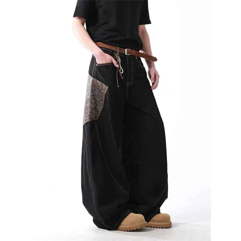 Vintage Patchwork Leopard Washed Baggy Jeans
