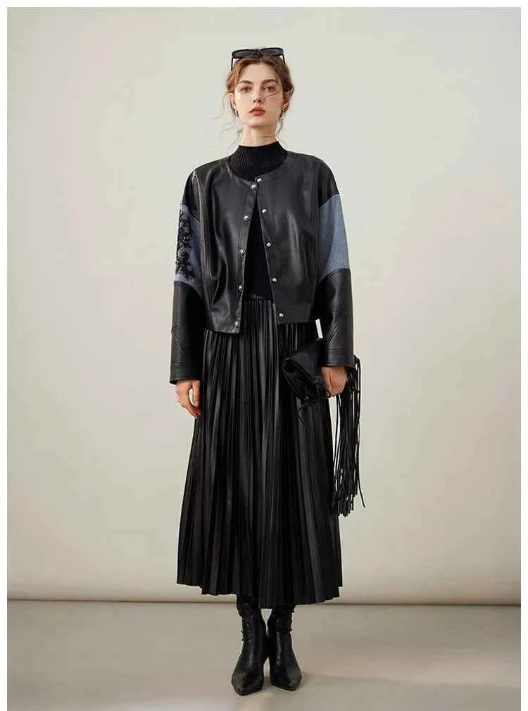 Classic Loose Black Patchwork PU Leather Jacket