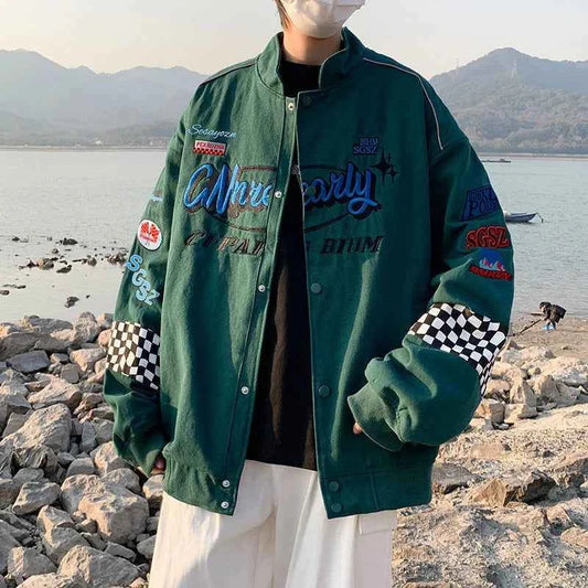 Y2K Plaid Embroidered Vintage Racer Jacket