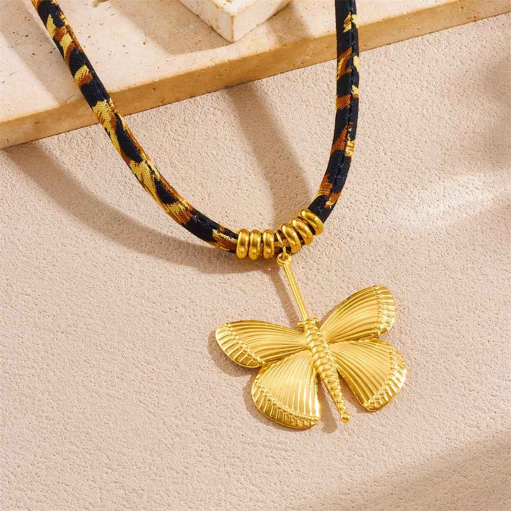 Golden Exaggerated Butterfly Leopard Print Necklace