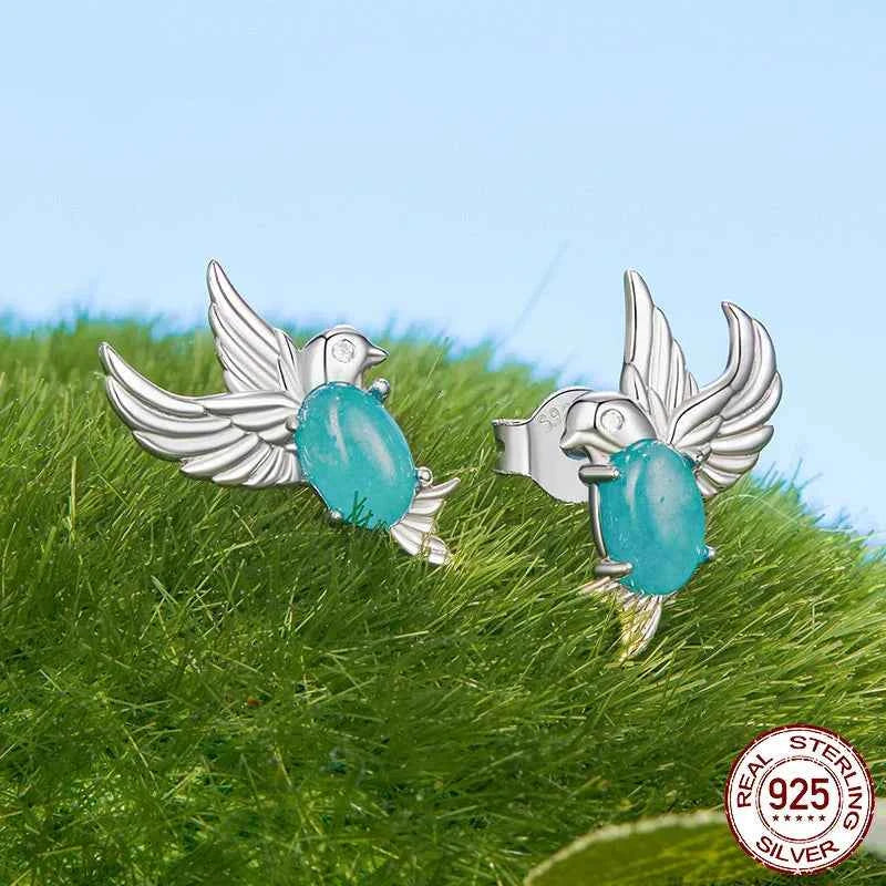 Women Cute Green CZ Bird Stud Earrings
