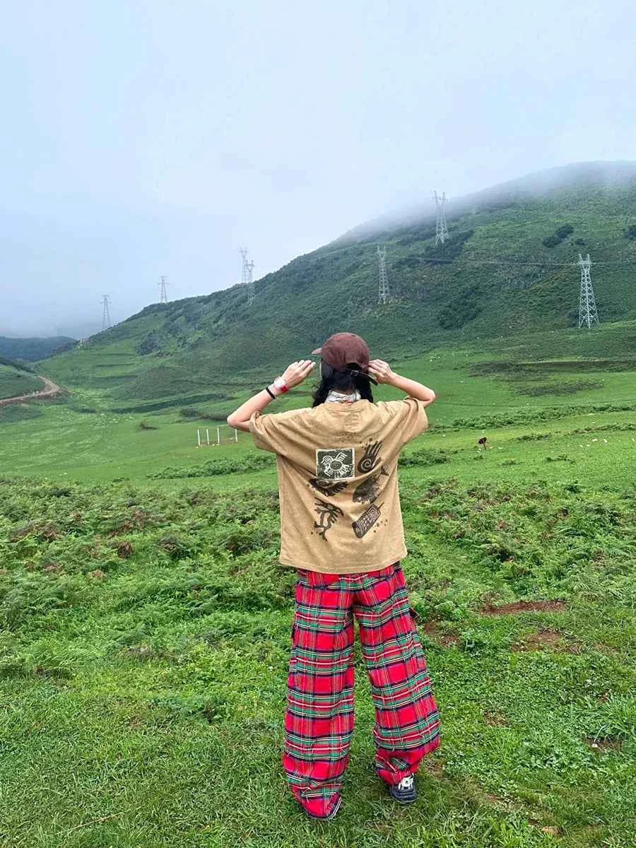 Red Plaid Grunge High Waist Loose Cargo Pants