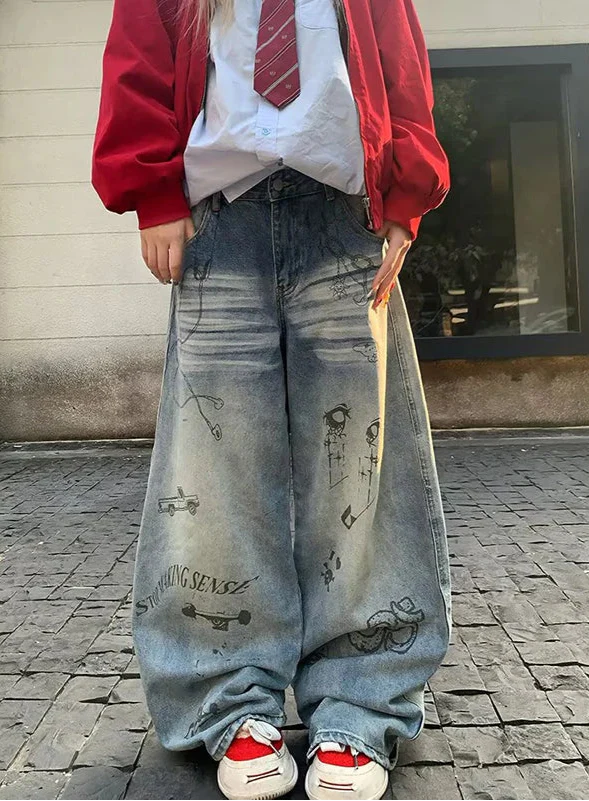 Y2K Durable Streetwear Gothic Wide Leg Jeans - Luxuryurbanwear