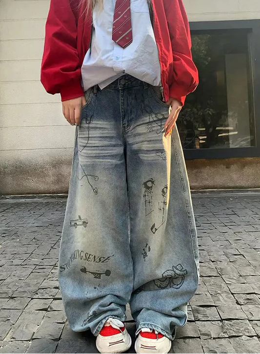 Y2K Durable Streetwear Gothic Wide Leg Jeans - Luxuryurbanwear