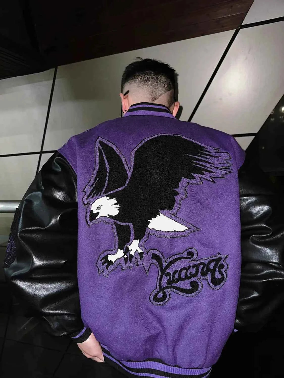 Retro Hip Hop Eagle Pattern Varsity Leather Jacket