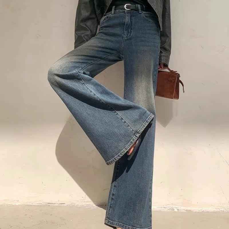 Women Retro Wide Leg Distressed Denim Jeans