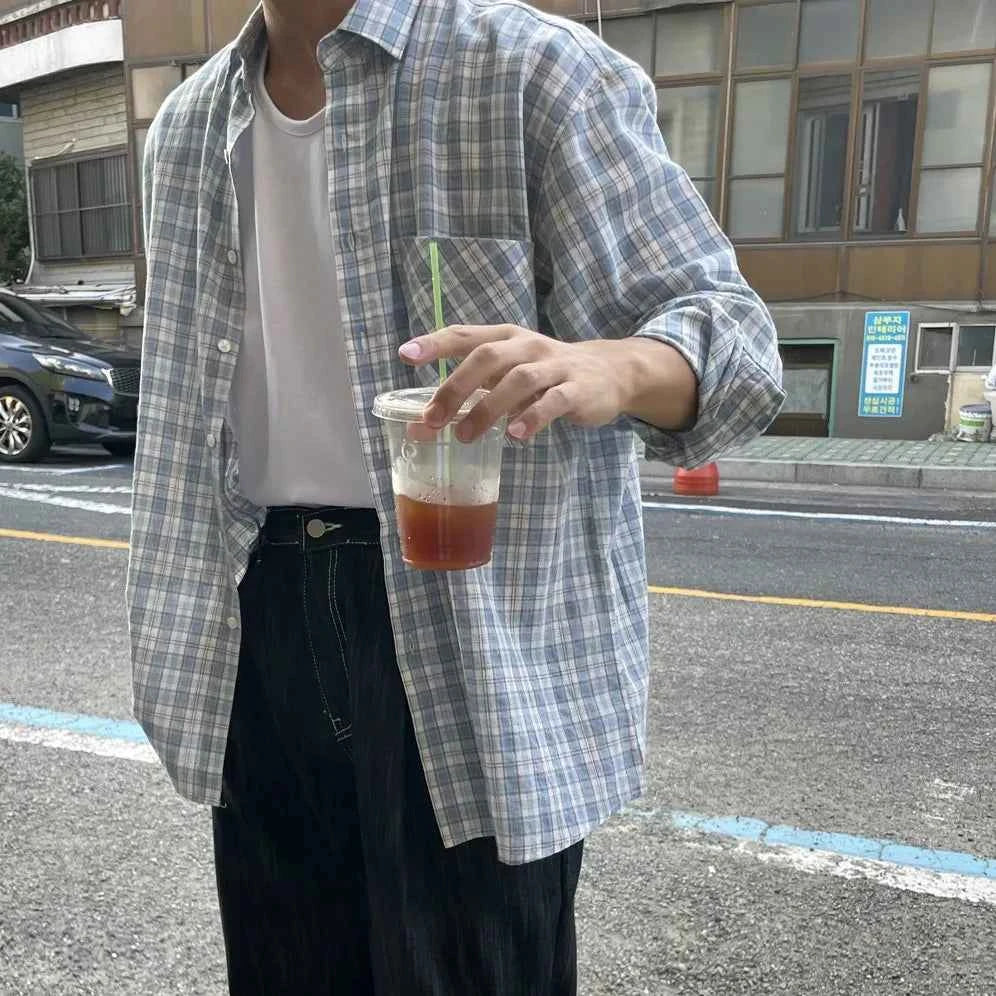 Men's Casual Loose Korean Style Plaid Long Shirt