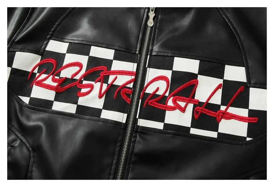 Stylish Hip Hop Plaid Zip Up PU Leather Motorcycle Jacket