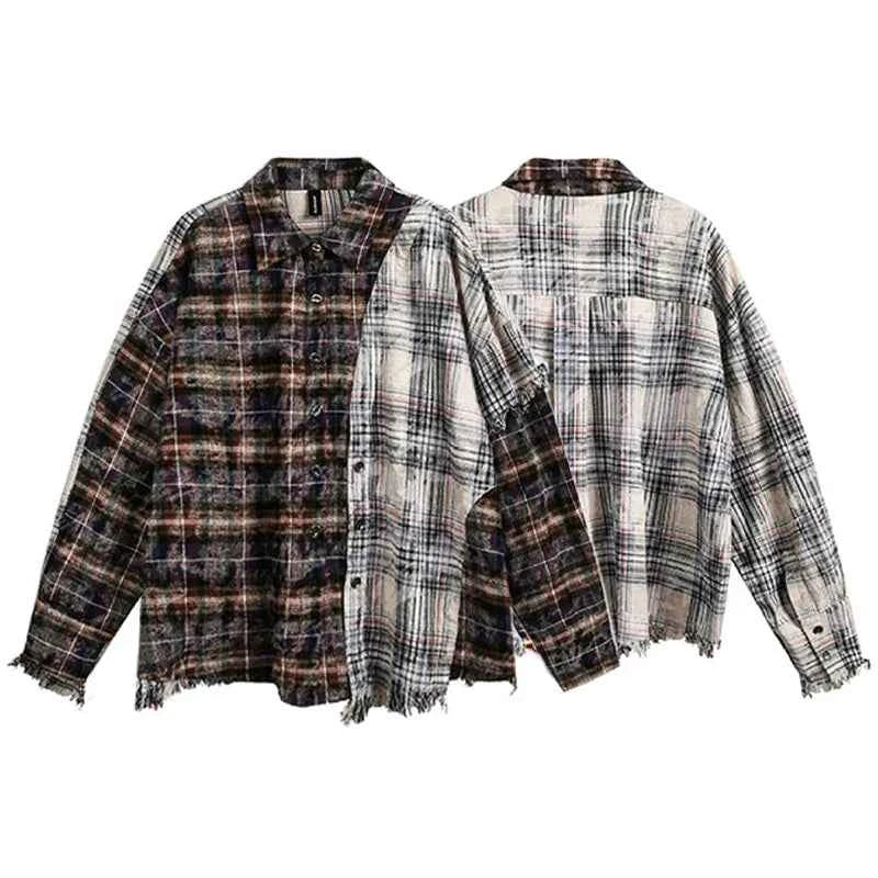Distressed Plaid Tie Dyed Color Long Sleeve Shirt