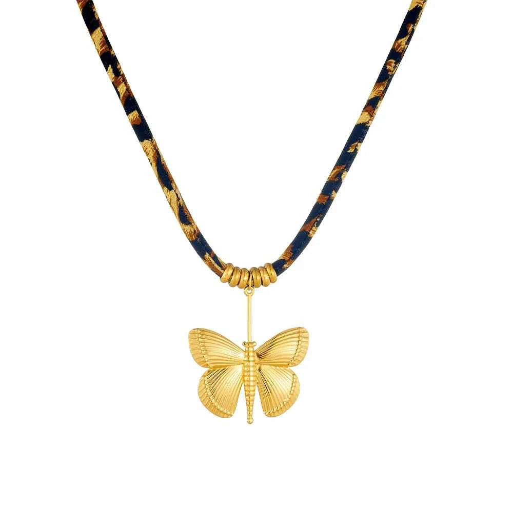 Golden Exaggerated Butterfly Leopard Print Necklace