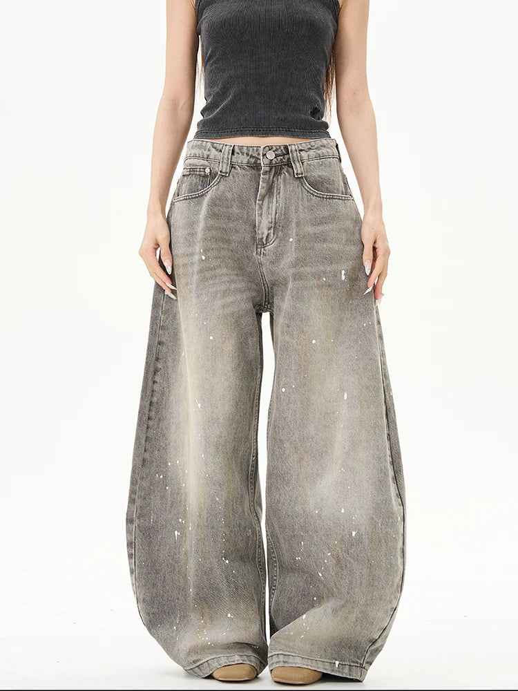 Rugged Look Baggy Gray High Waisted Jeans