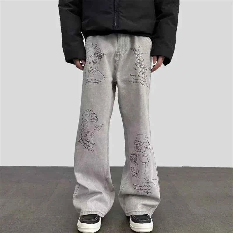 Distressed American Retro Graffiti Graphic Denim Jeans