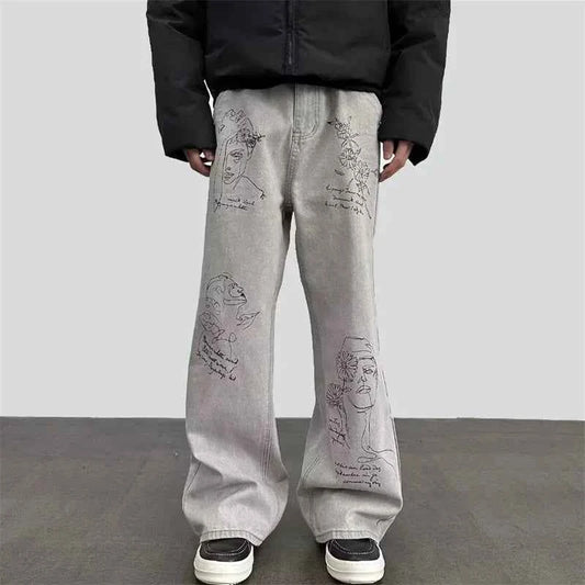 Distressed American Retro Graffiti Graphic Denim Jeans