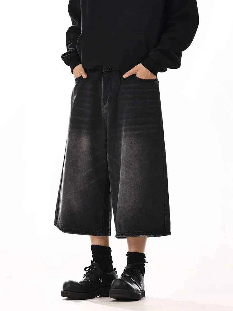 Men Black Wide Leg Cleanfit Denim Jorts