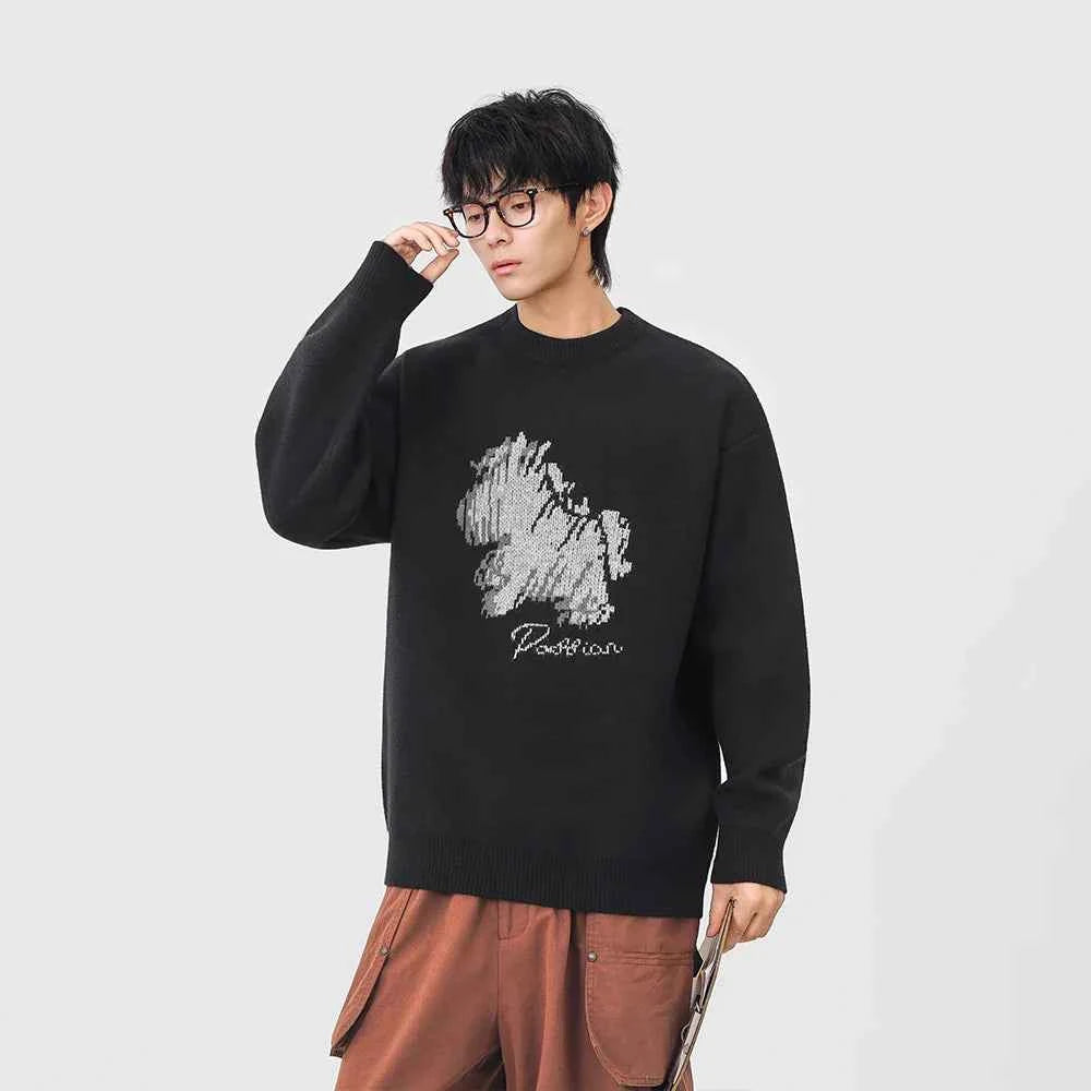 Abstract Unicorn Pattern Knitted Crew Neck Sweater