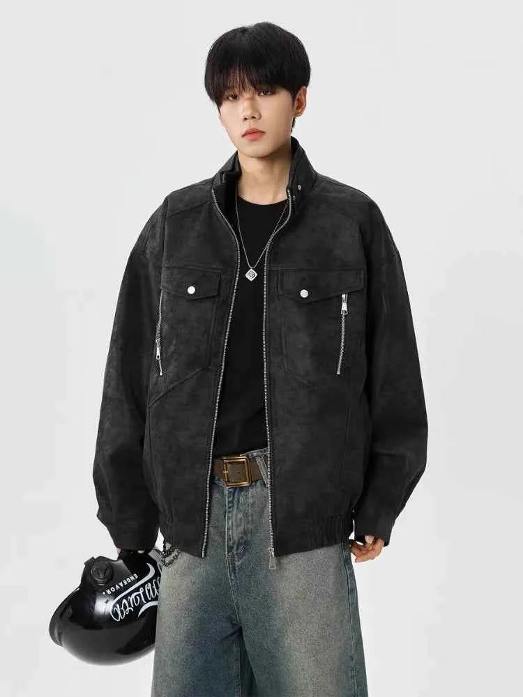 Solid Color Stand Collar Zipper Jacket
