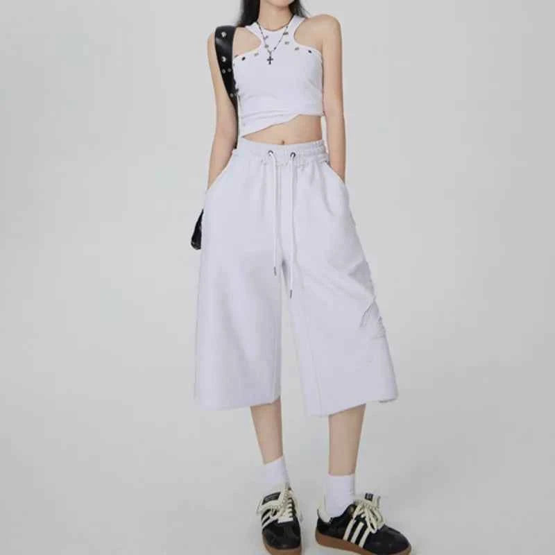 Women Y2K White Wide Leg Drawstring Jorts