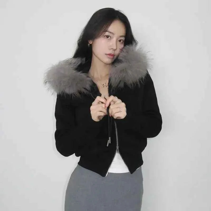Cozy Patchwork Furry Zipper Hooded Sweatshirt