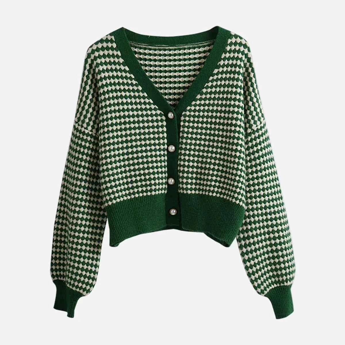 Plaid Spliced Pearl Button Knitted Cardigan