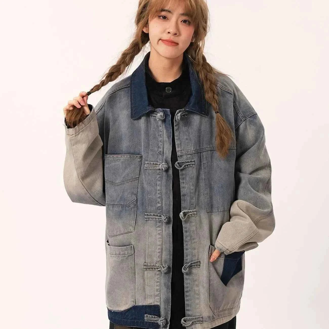Chinese Style Retro Spliced Casual Denim Jacket