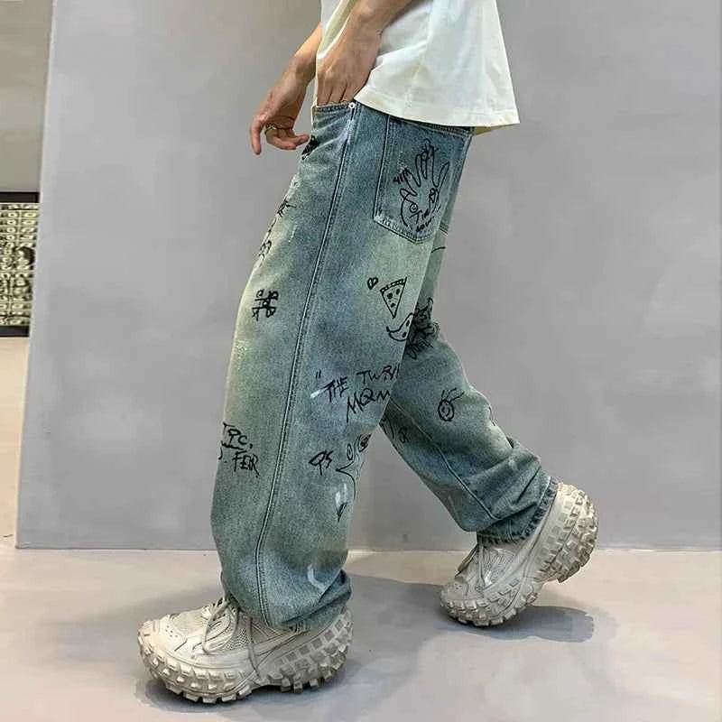 Men Personalized Graffiti Printing Casual Jeans