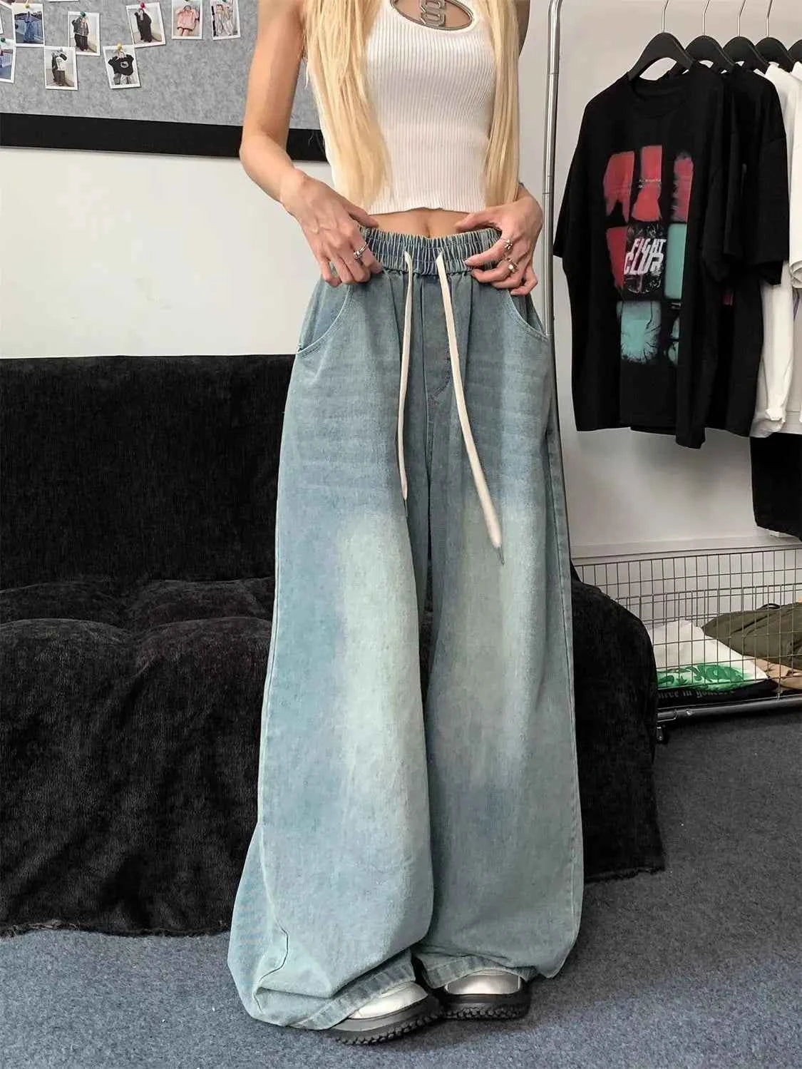Women Elastic Straight Wide Leg Denim Jeans