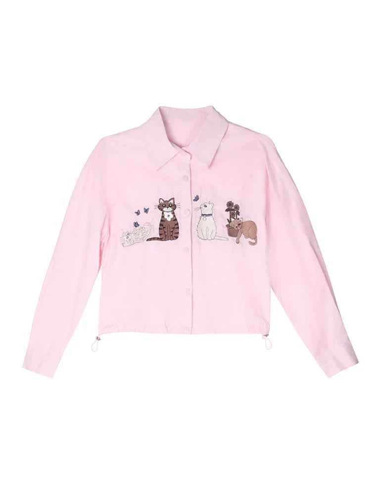 Cute Cat Embroidered Loose Fit Long Sleeve Shirt
