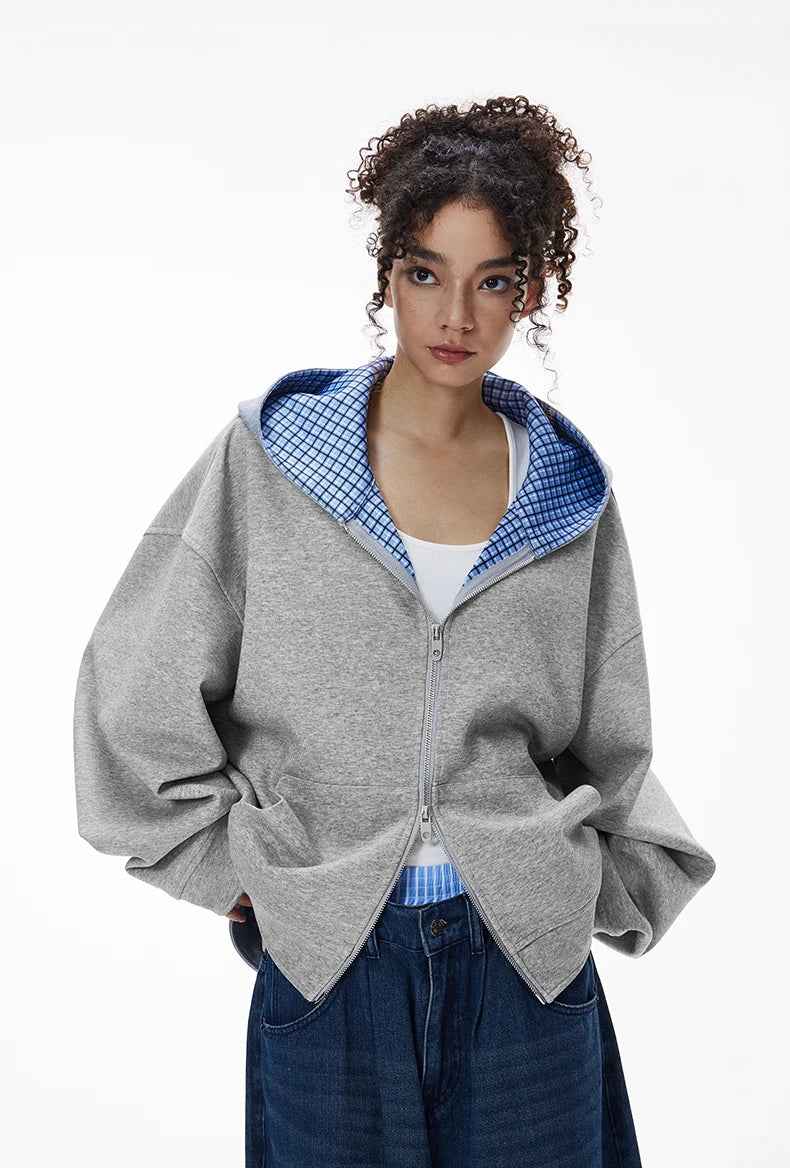 Plaid Unisex Couple Boxy Hooded Sweatshirt