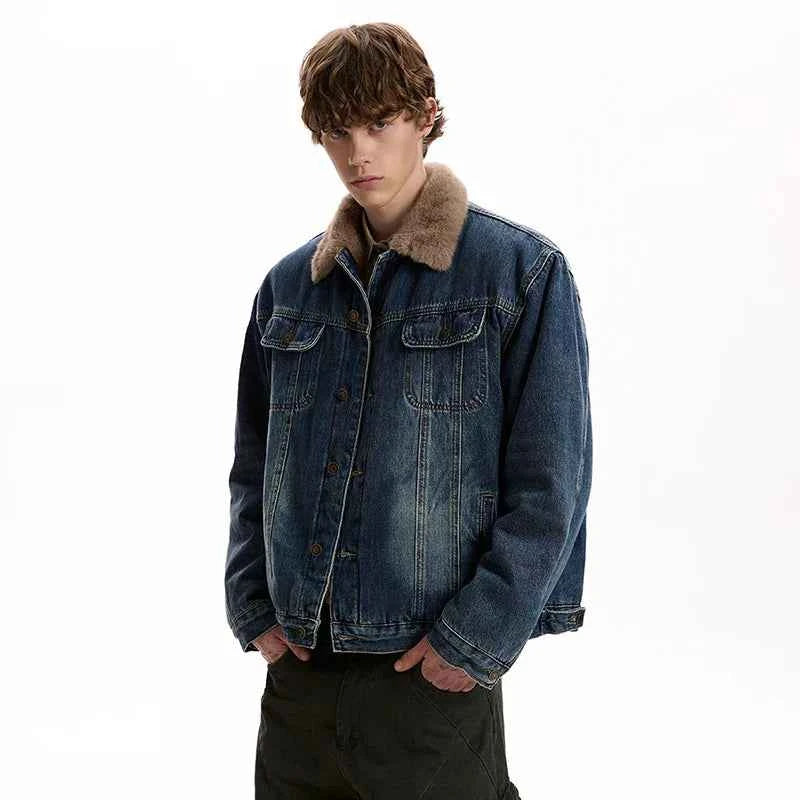 Durable Style Brushed Fur Collar Denim Jacket