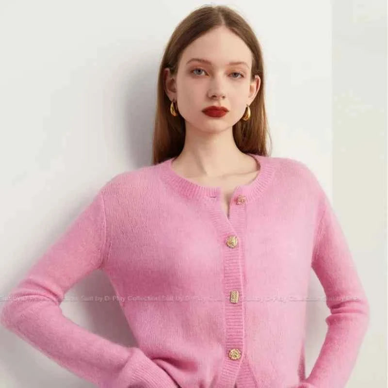 Women Pink French Knitted Button Cardigan