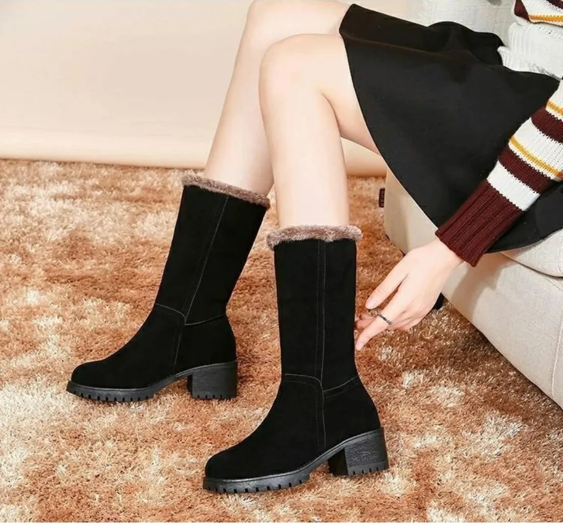 Warm Plush Winter Square Heel Fur Boots - Luxuryurbanwear