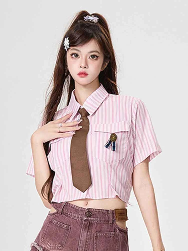 Y2K Women Streetwear Vintage Striped Tie Blouse Shirt