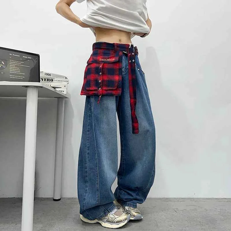 Retro Cool Plaid Printed Loose Denim Jeans