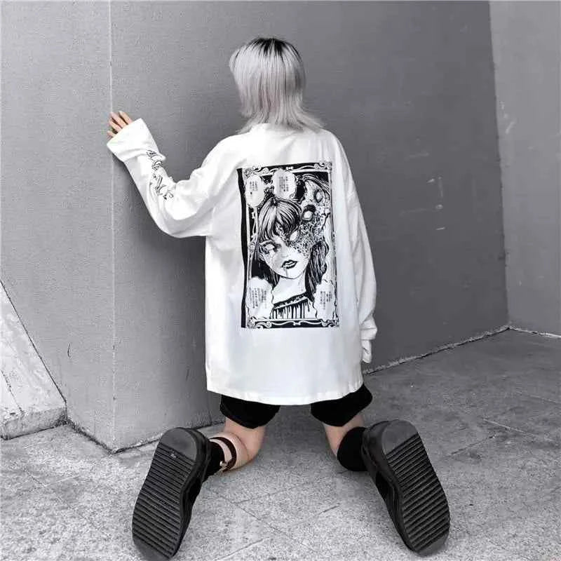 Oversized Korean Style Anime Print Long Sleeve T-Shirt