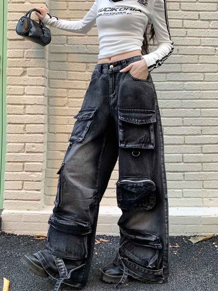 Black Washed Streetware Baggy Cargo Jeans