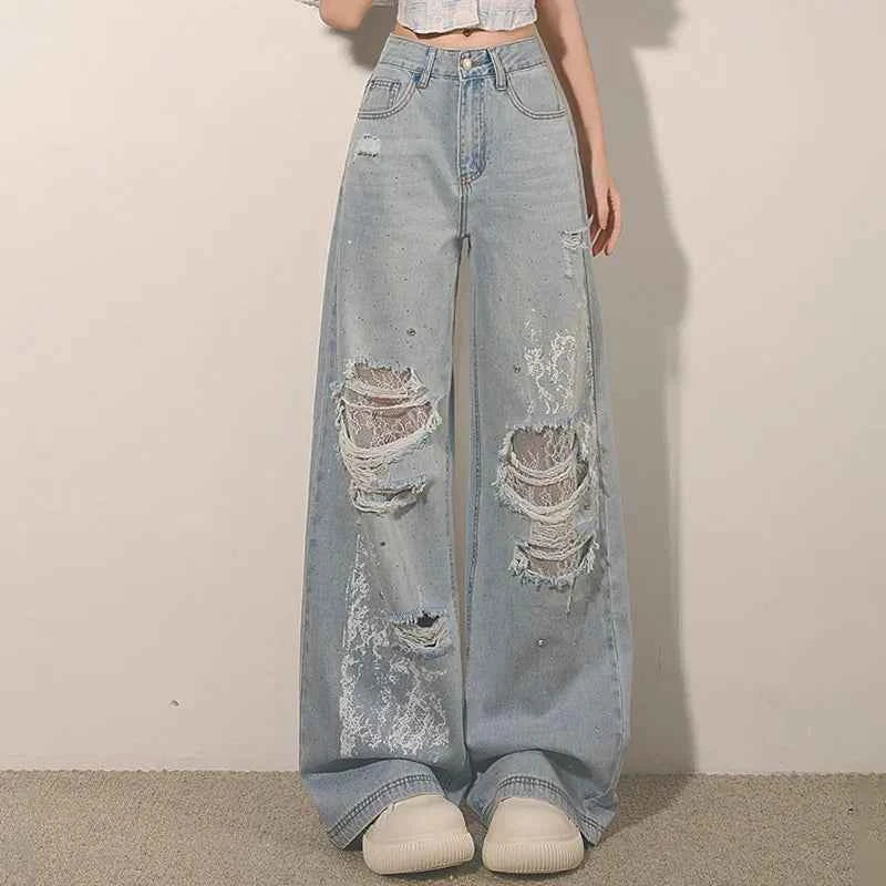 Women New Trendy Lace Hole High Jeans