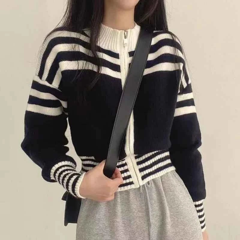 Women Chic Vintage Striped Cropped Cardigan