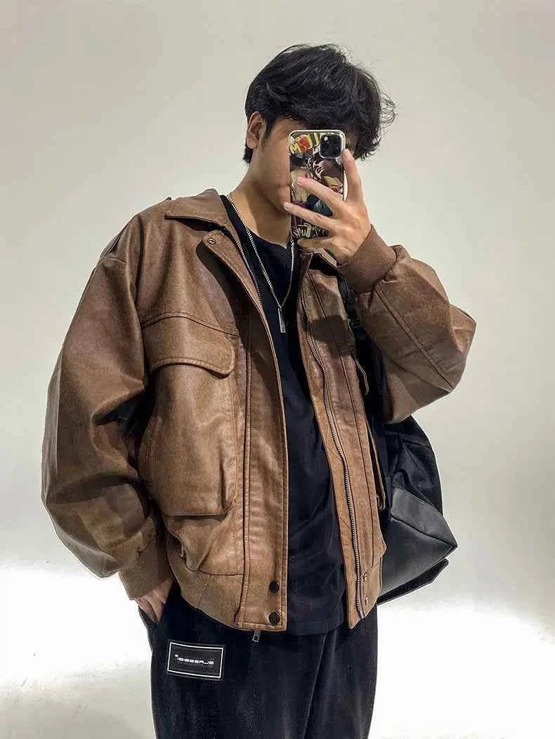 Classic Retro Distressed PU Leather Jacket