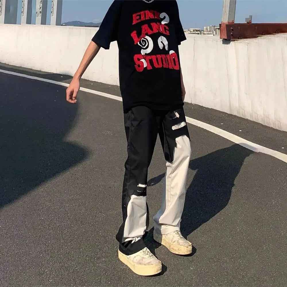 Irregular Stitching Black White Slim Jeans