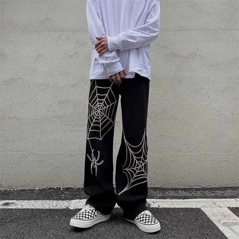 Vintage Spider Streetwear Black Wide Leg Pants
