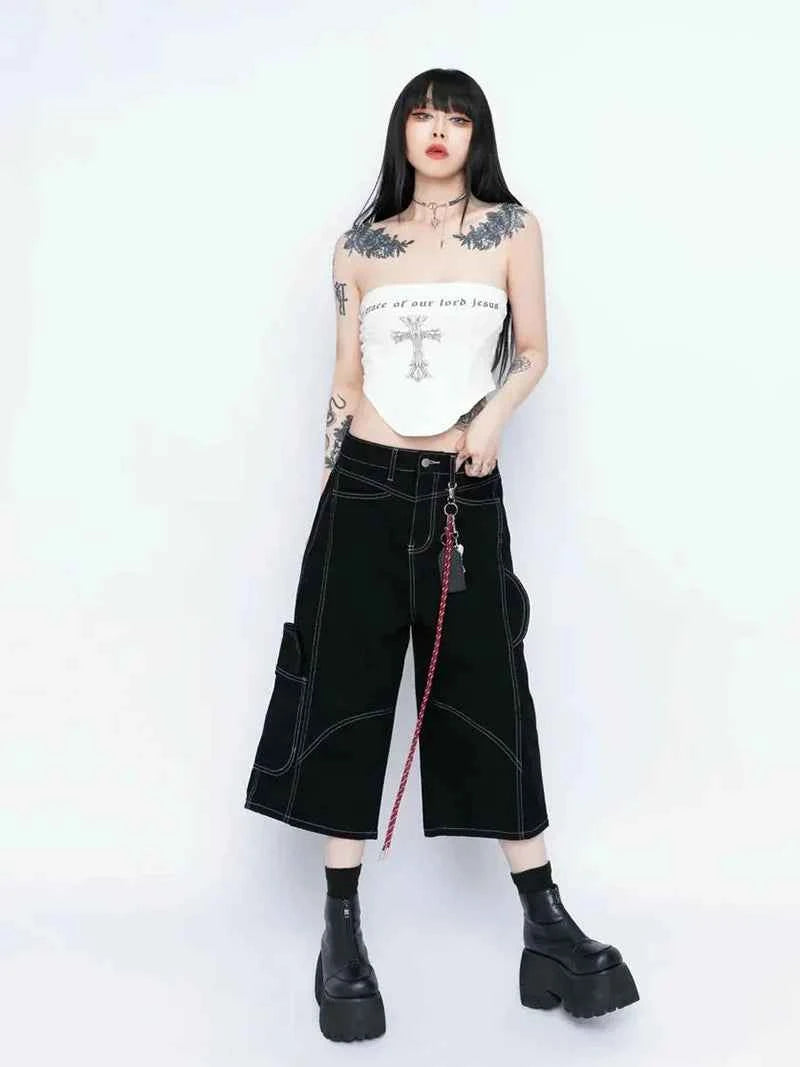 Patchwork Black Retro Wide Leg Jorts