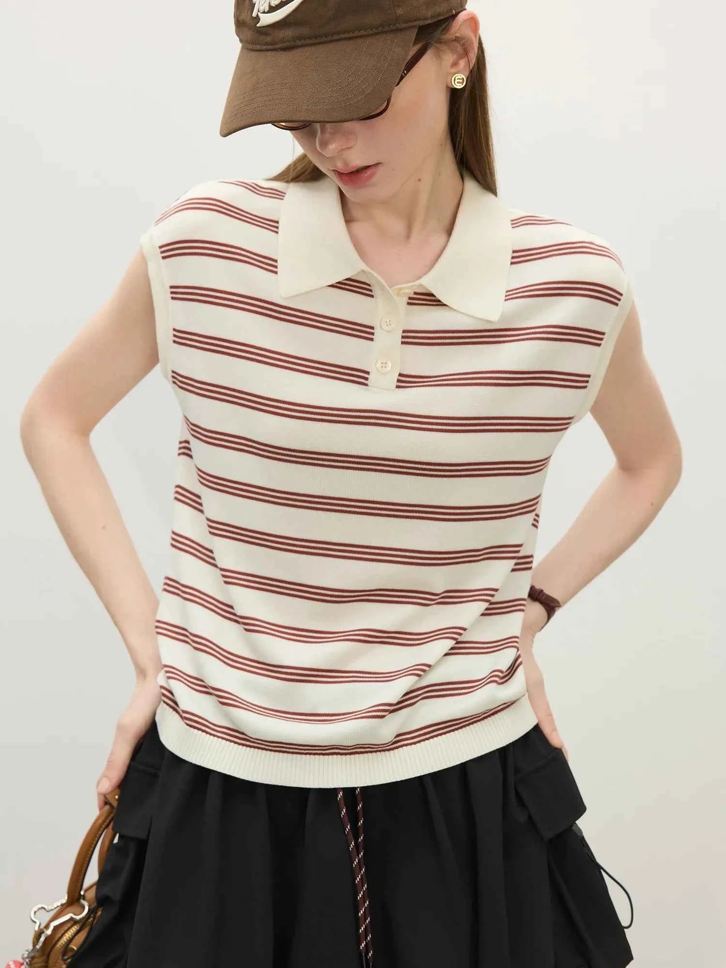 Women Casual Striped Knit Sleeveless Button Collar T-Shirt