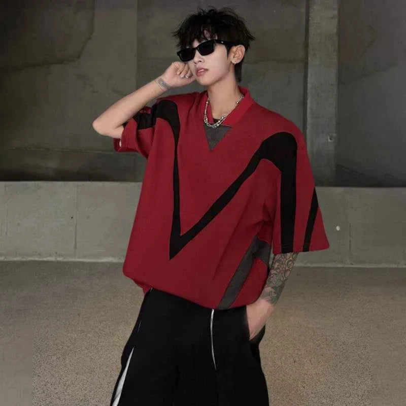 Vibrant Color Contrast Loose V-Neck T-Shirt