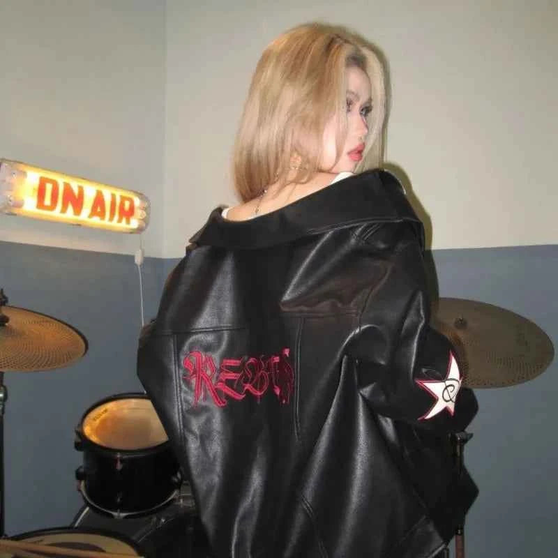 Women Streetwear Embroidered Motorcycle Leather Jacket